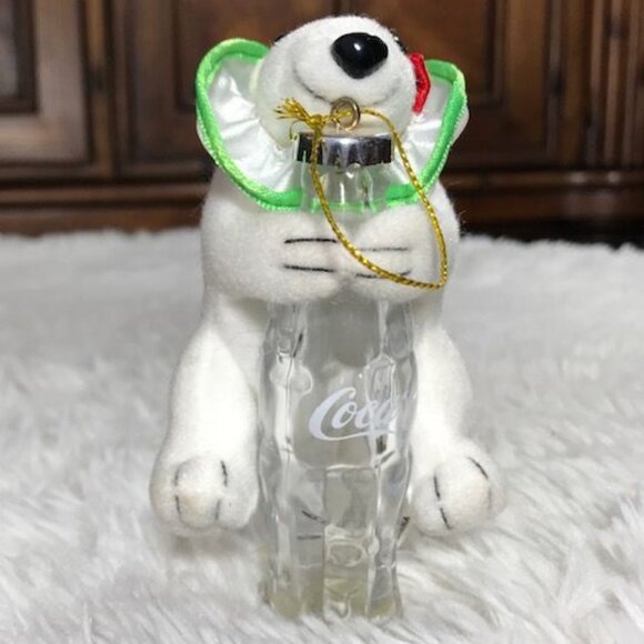 NWOT Vintage Coca-Cola Stuffed Polar Bear Cub with Bottle Ornament - Picture 2 of 7